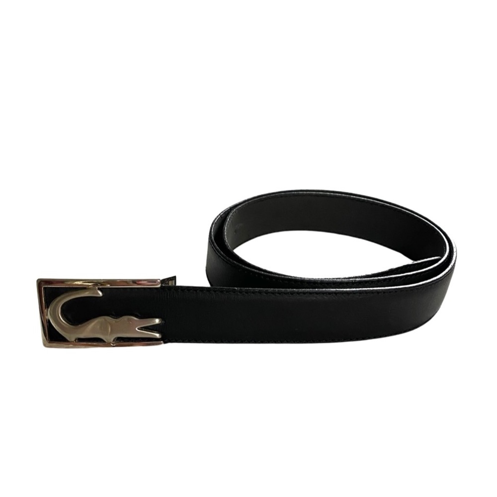 LACOSTE Black Leather Belt With Silver Signature Logo